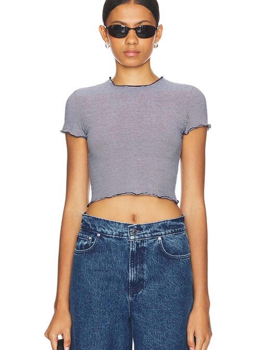 More to Come Baby Tee Striped Black & White Ribbed Lettuce-Edge Crop Top